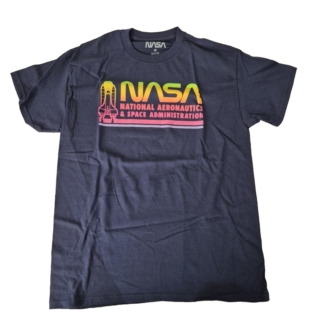 NASA Shirt Mens Medium Blue Short Sleeve Space Shuttle‎ Graphic Tee Retro Neon